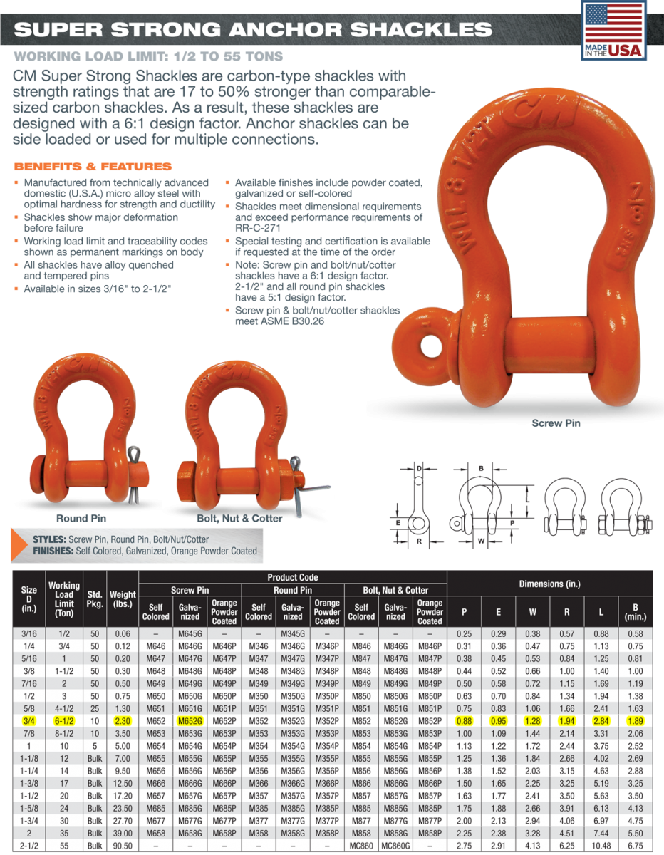 3 4 Inch CM M652G Screw Pin Anchor Shackles Wesco Industries